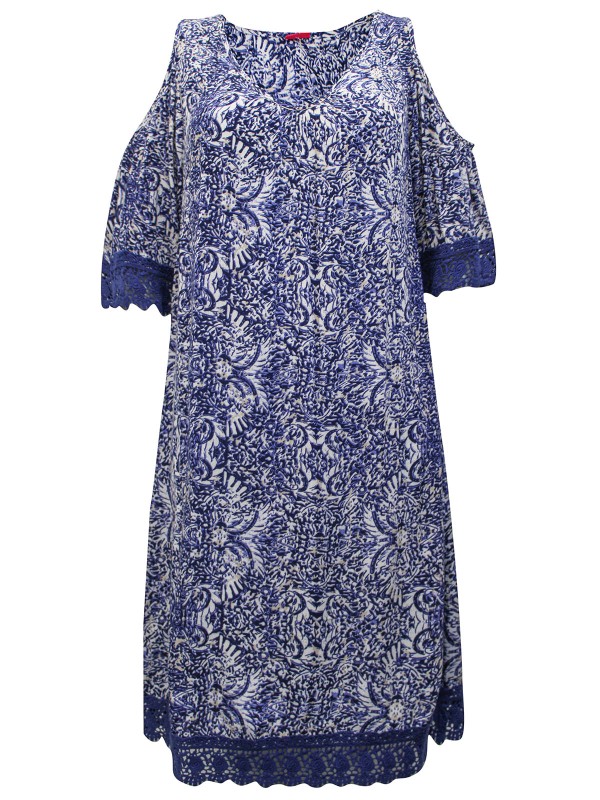 Together BLUE Porcelain Print Lace Trim Cold Shoulder Dress - Size 12
