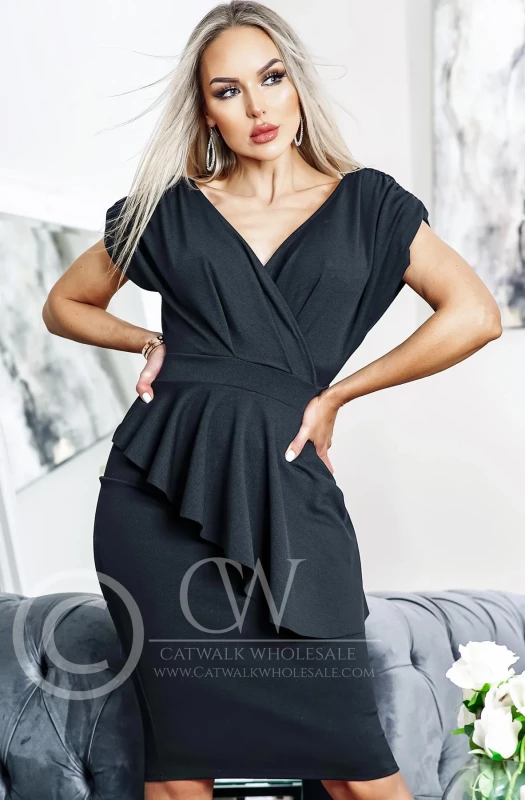 KARA PEPLUM MIDI BODYCON DRESS-BLACK