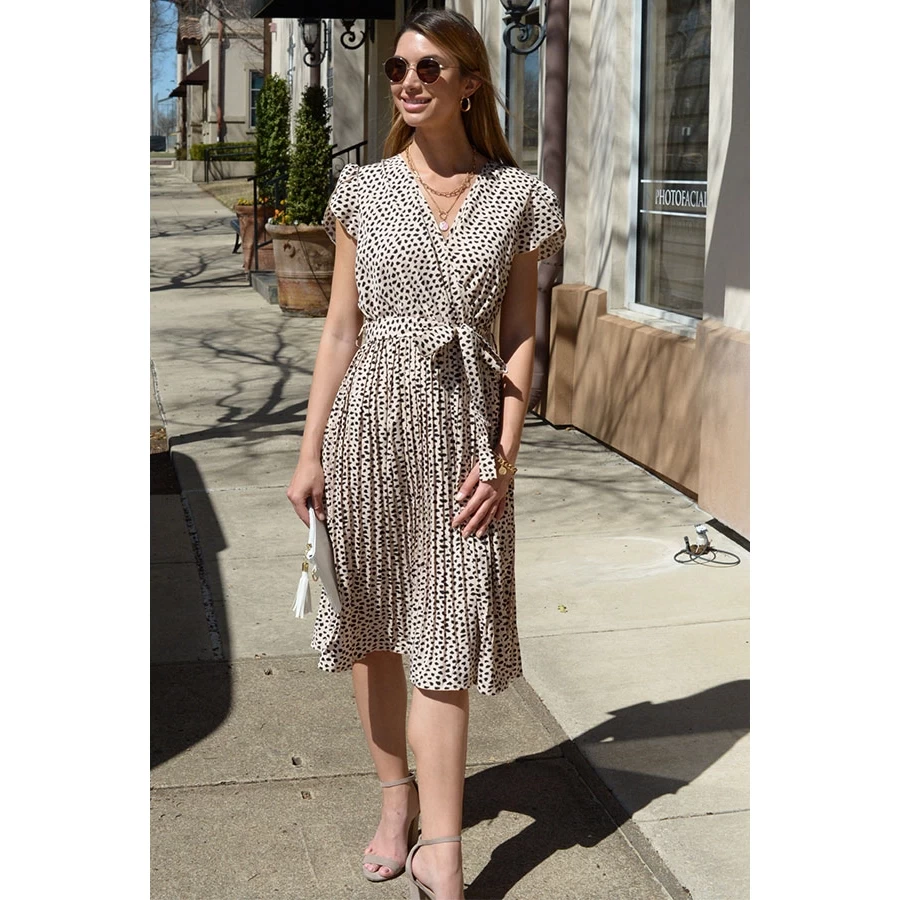 Beige Print Waist Tie Woven Midi Dress