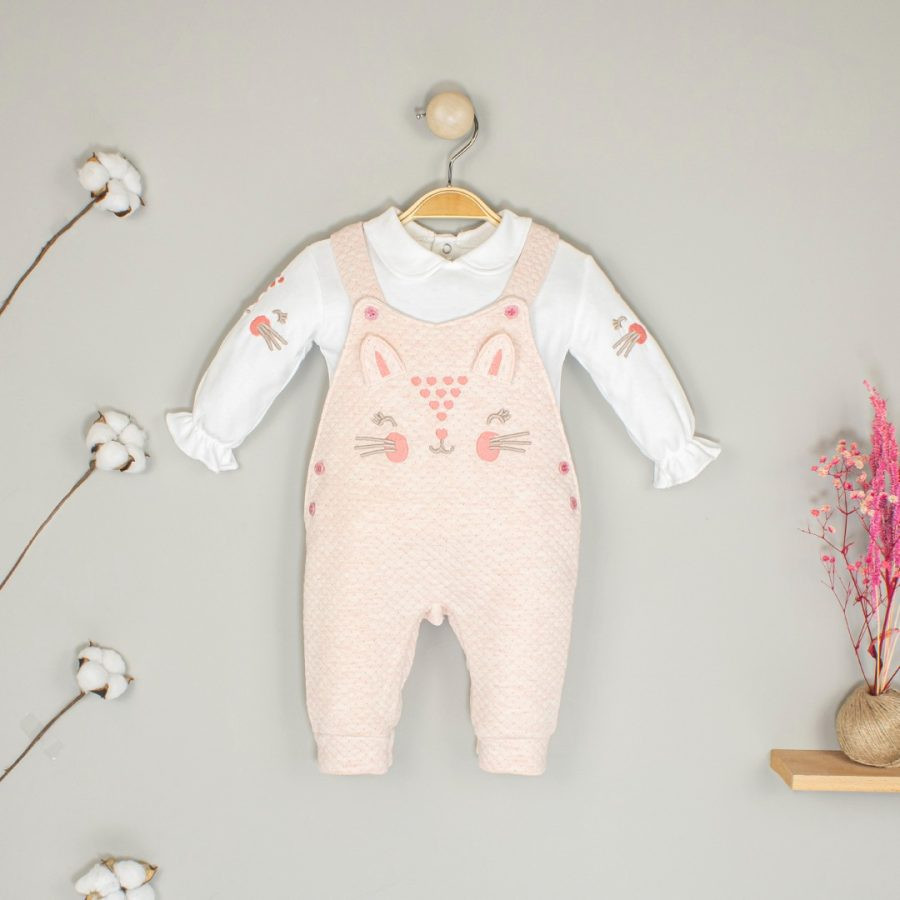 Baby Girls Two Piece Kitty Embroidered Cross Stitch Dungarees Set (0-9M)