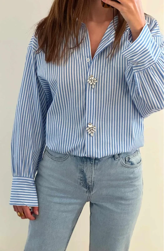 CELESTE STRIPED DIAMANTE OVERSIZED BLOUSE SHIRT TOP-BLUE