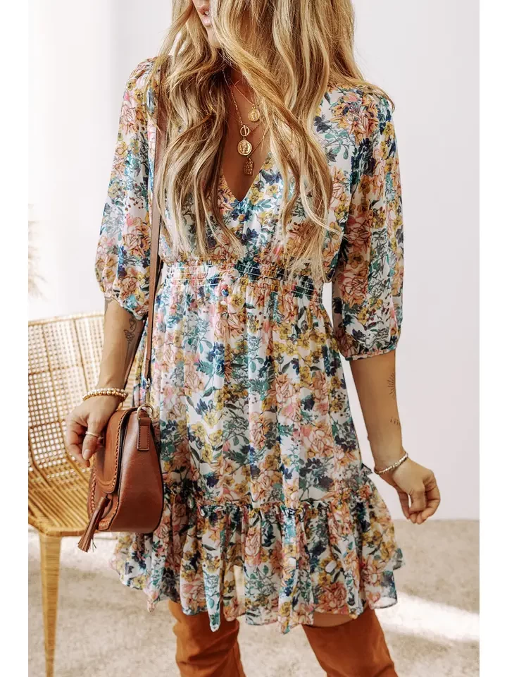 Floral Ruffle 3/4 Sleeve V-Neck Dress