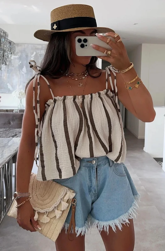 KACIE STRIPED CROPPED COTTON GAUZE STYLE TIE-UP TOP-STONE