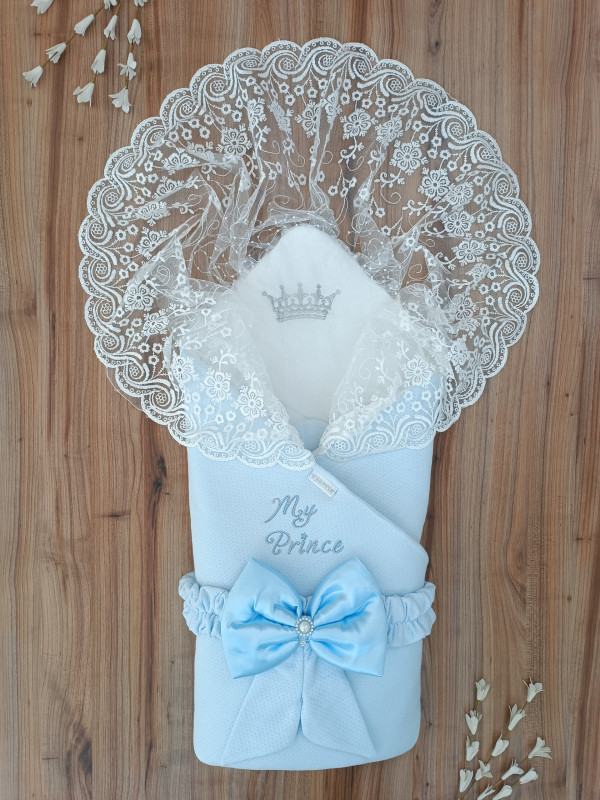 Baby Boys Embroidered Crown “MY PRINCE” Frilly Bow Swaddle Blanket Nest