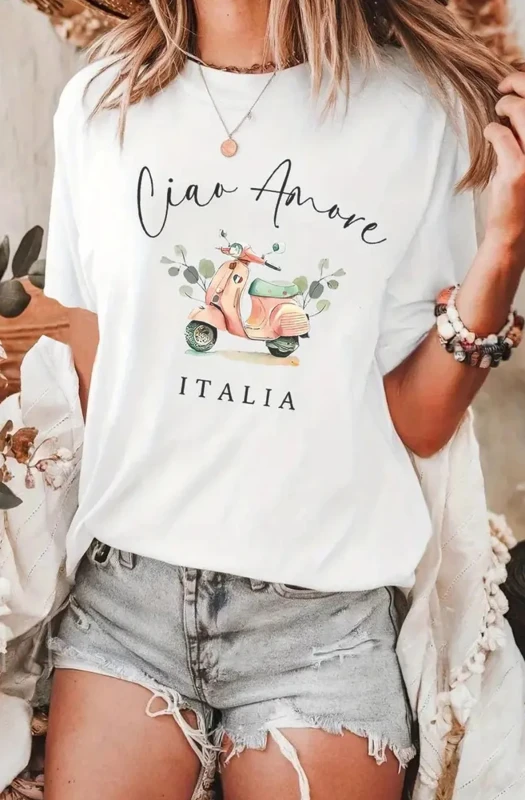 'CIAO AMORE - ITALIA' GRAPHIC PRINTED T-SHIRT TOP-IVORY