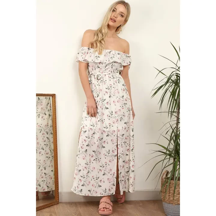 Cream Floral Frill Bardot Maxi Dress