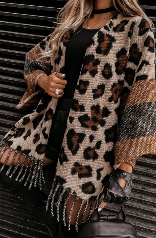 TAMAR TASSEL HEM CARDIGAN PONCHO-BROWN