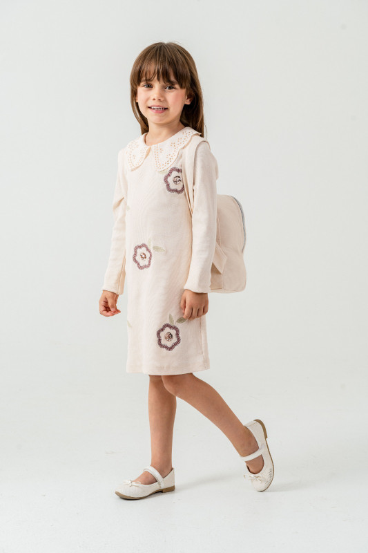 Girls Seqiun Flower Lace Collar Dress with Back Pack (4-7Y)