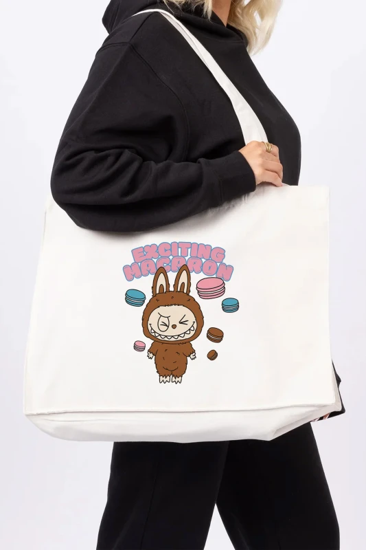 Macaron Labubu Printed Woven Shopping Tote Bag