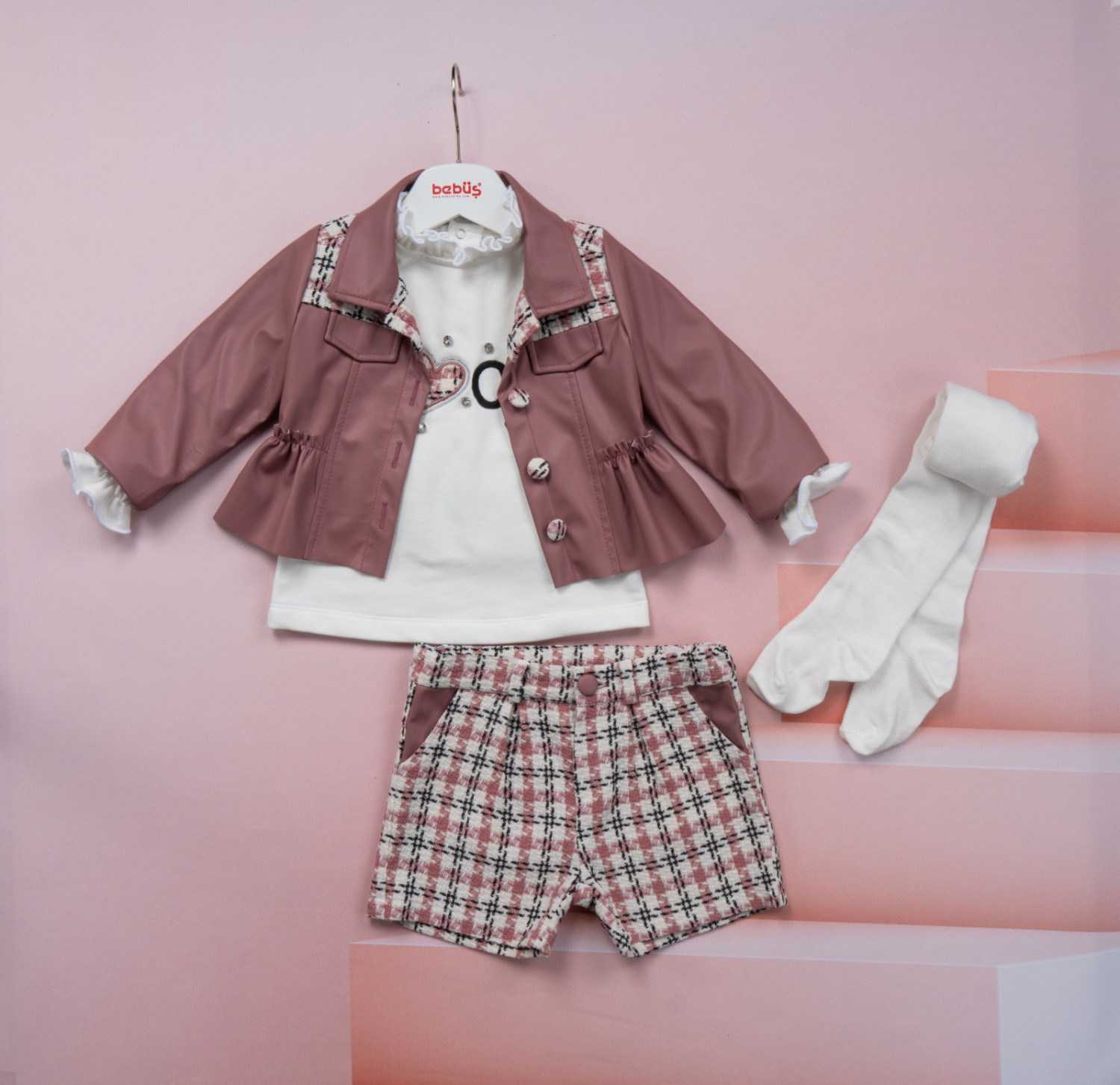 Girls Four Piece Faux Leather Jacket, Diamante Top & Checked Shorts Set with Tights (2-5Y)
