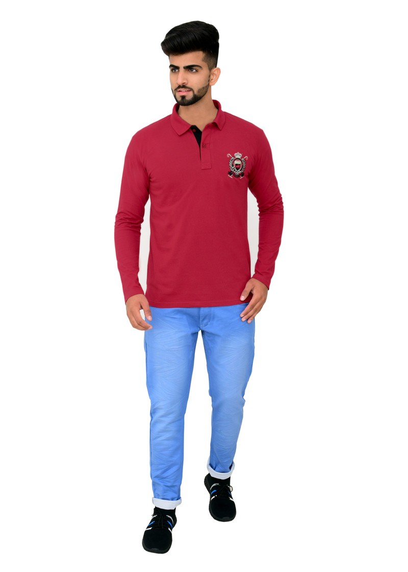 Cotton Blend Solid Men Collared Neck Full Sleeves Maroon T-Shirt