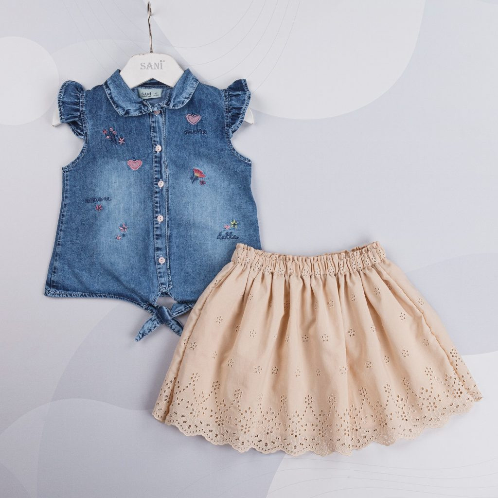Girls Embroidered Denim Blouse and Anglaise Skirt Set (2-5Y)