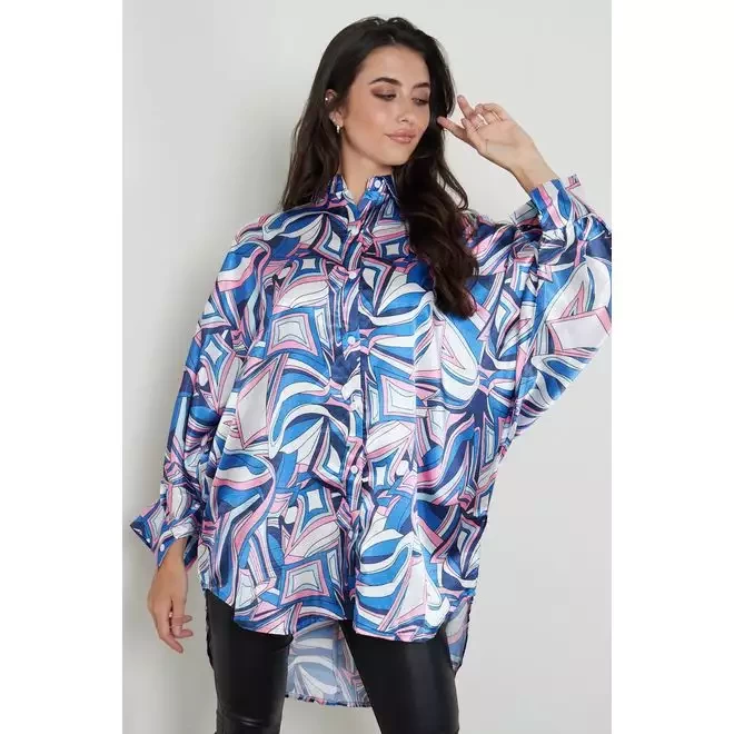 PRINTED OVERSIZED DIP HEM SATIN SHIRT DRESS