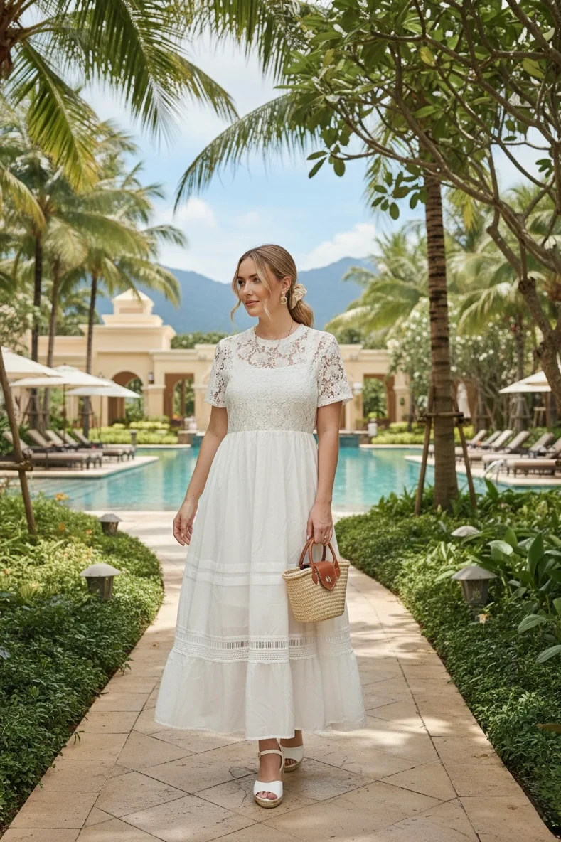 SHORT SLEEVE LACE TIERED MAXI