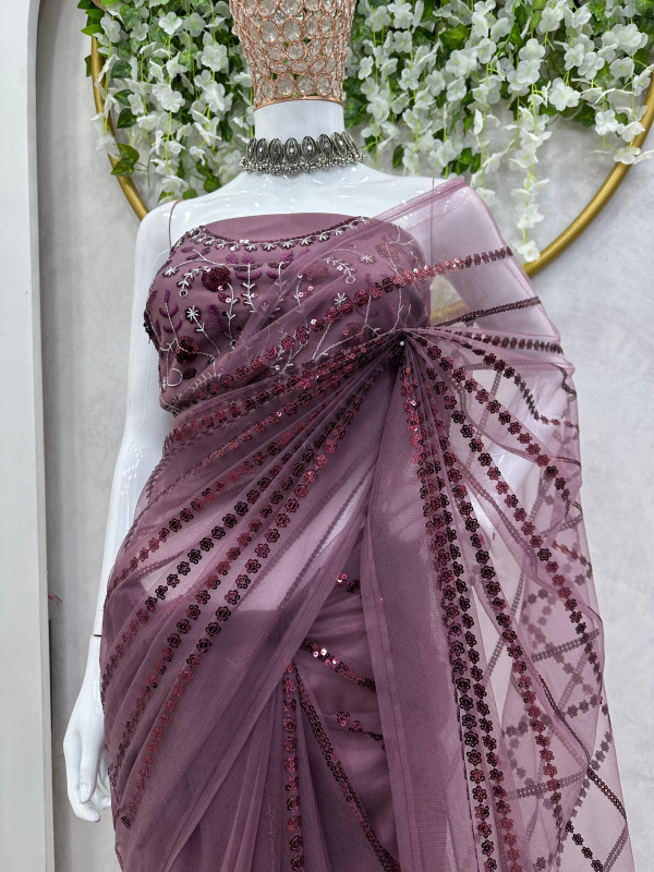 _TRENDING STYLE NEW FANCY READY TO WEAR FAUX GEORGETTE SEQUENCE PATCH WORK SAREE AND FULLSTITCHED BLOUSE ?_