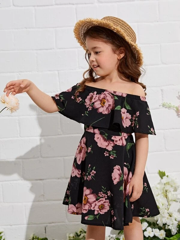 Toddler Girls Off Shoulder Ruffle Trim Floral Dress