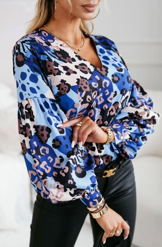 VERENA LEOPARD PRINT SHIRT BLOUSE TOP-BLUE