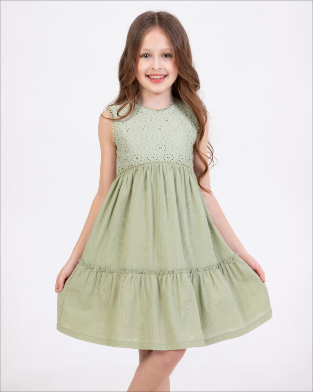 Girls Layered Embroidered Cut Out Effect Cotton Dress (2-9Y)