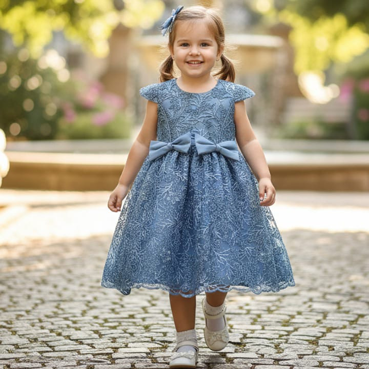Girls Elegant Glitter Embroidered Double Bow Party Dress (2-12Y) - BLUE