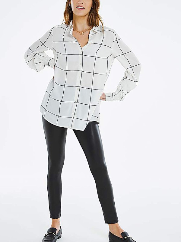 Grid Print Shirred Cuff Shirt