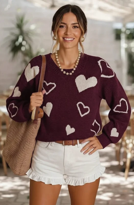 MILA CONTRAST HEART SWEATER JUMPER-WINE