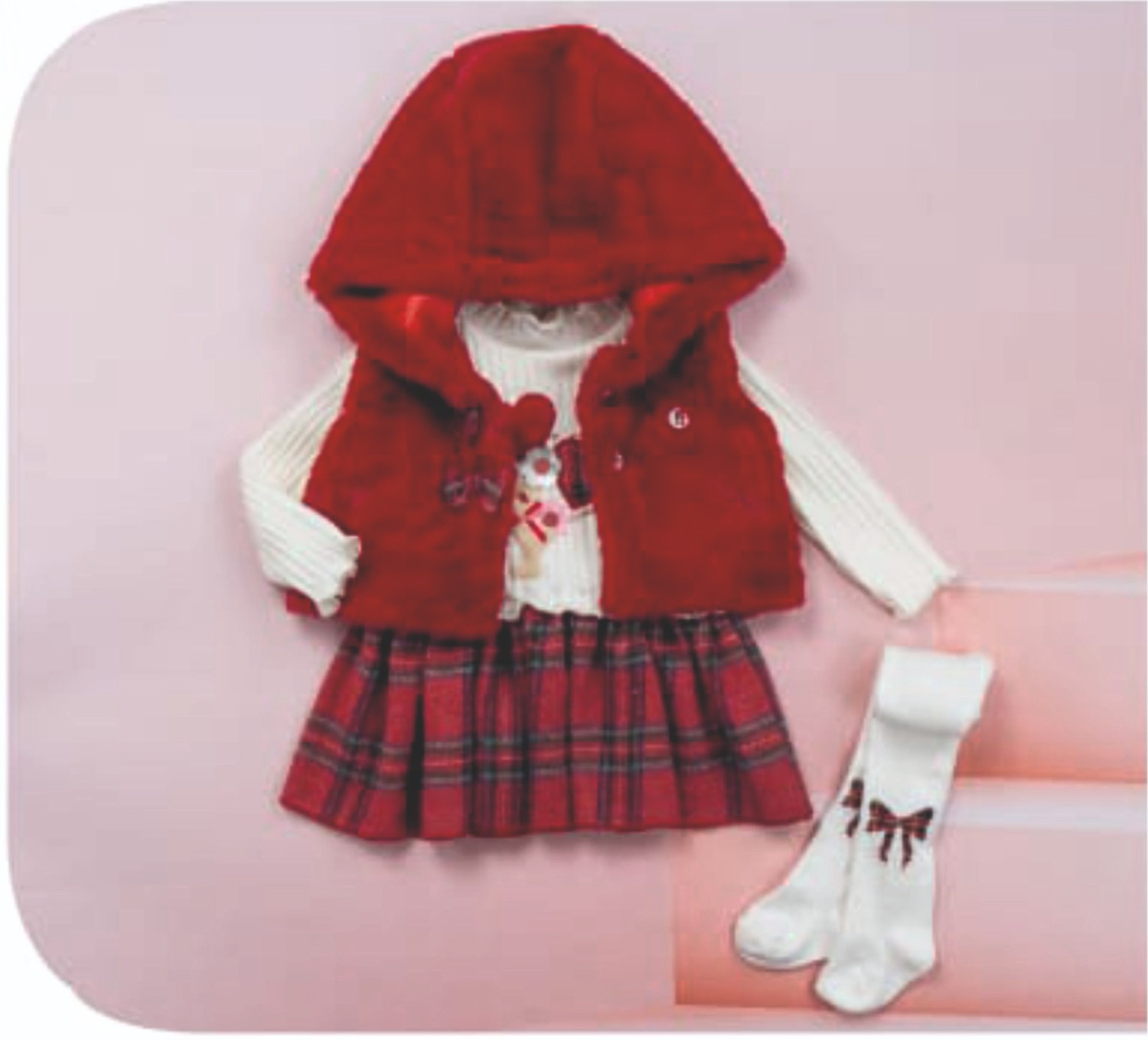 Baby Girls Three Piece Tartan Dress & Fur Gillet Set with Tights (6-18M)