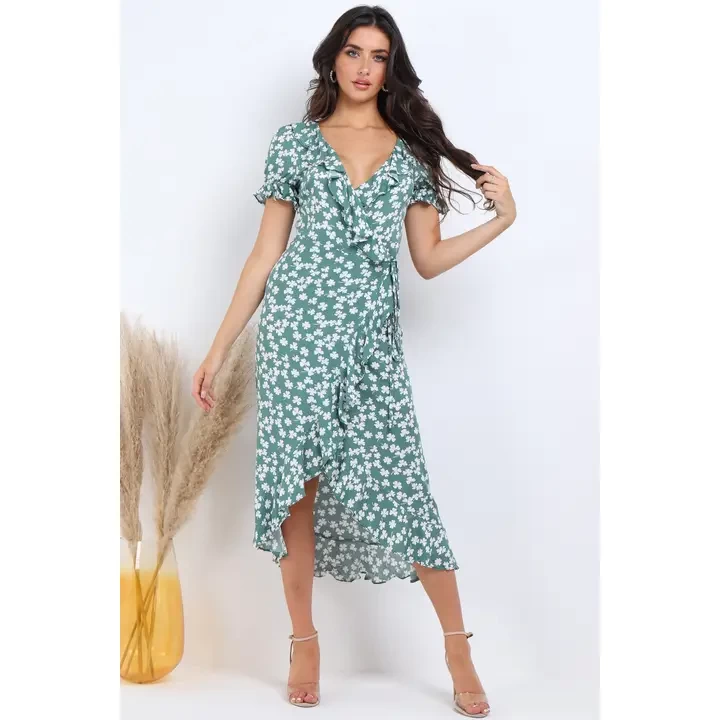 Green Floral Print Frill Wrap Midi Dress