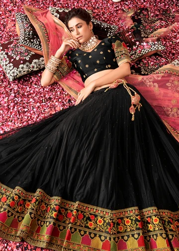 Wedding Wear Black Thread Work Net Lehenga Choli