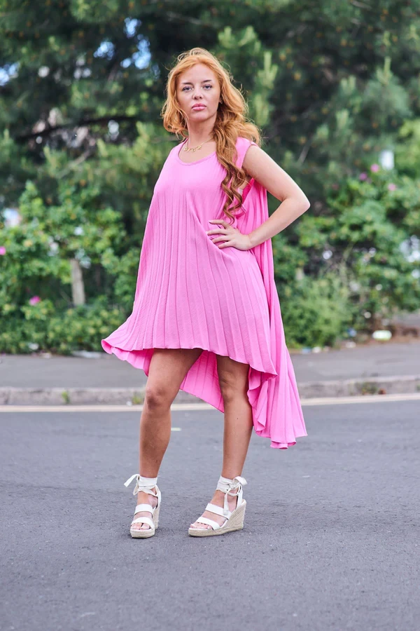 Plain Pleated Asymmetrical High-Low Hem Dress