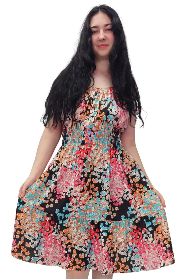 Abstract Floral Confetti-Like Dot Pattern Button Down Front Dress