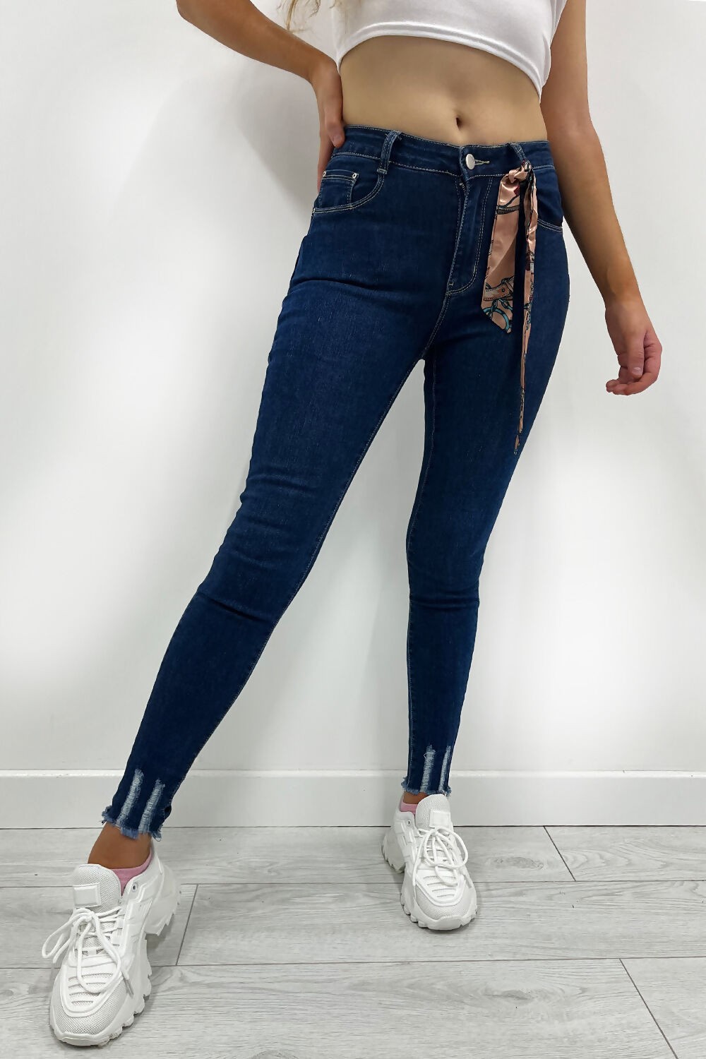 BLUE HIGH WAIST DISTRESSED HEM SUPER STRETCH SKINNY JEANS