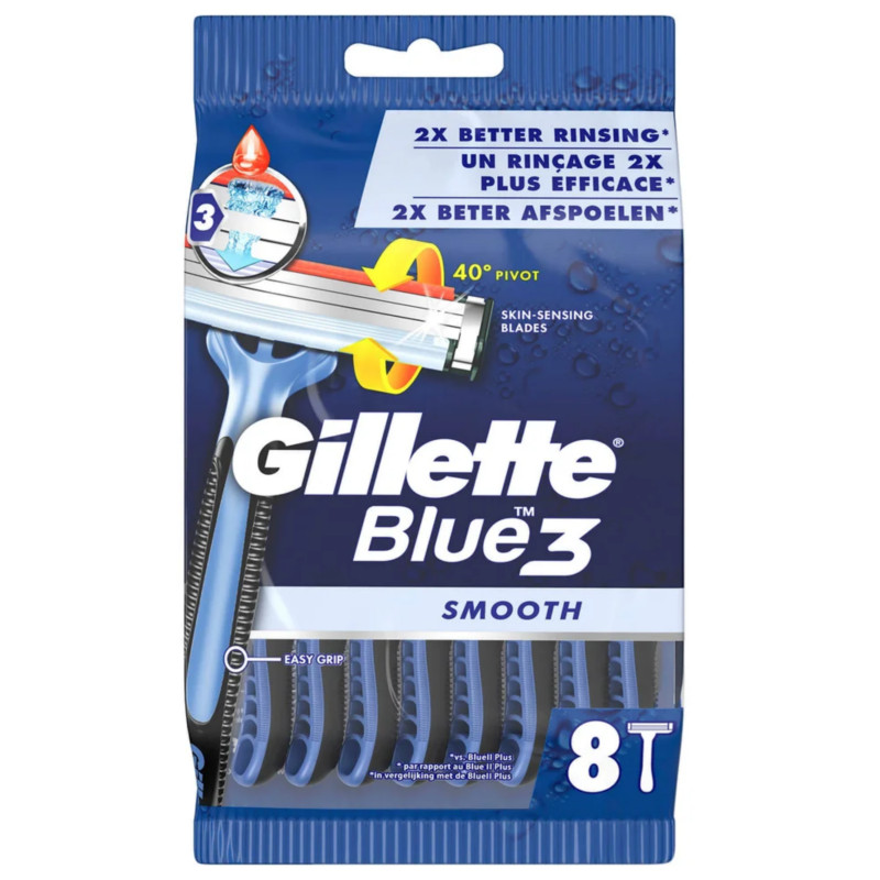 Gillette Blue 3 Smooth Easy Grip Men's Disposable Razors With 3 Stainless Steel Blades 8Pack