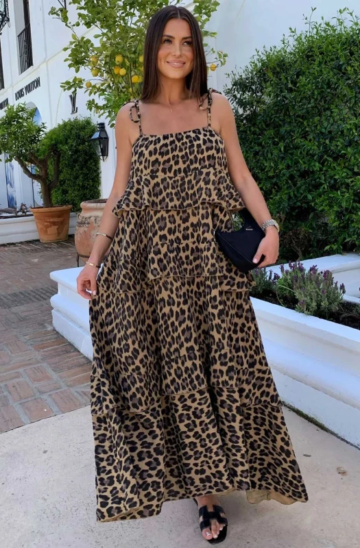 ANGELA OVERSIZED LEOPARD ANIMAL PRINT TIERED MAXI DRESS-BROWN