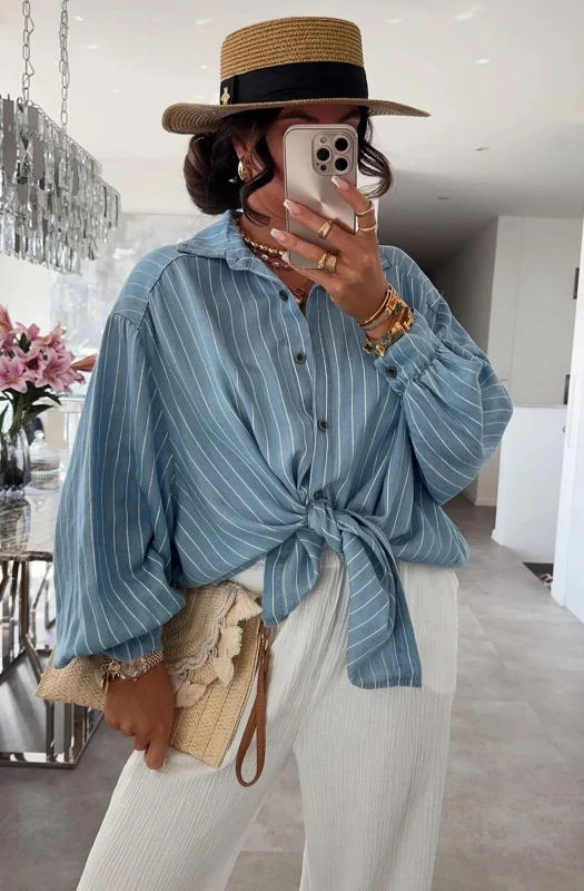 KAYLIE OVERSIZED COLLARED STRIPED SHIRT TOP-BLUE