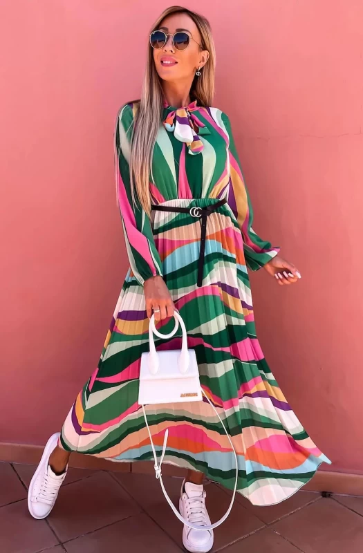 CAROLINE PUSSYBOW PLEATED COLOUR BLOCK MAXI DRESS