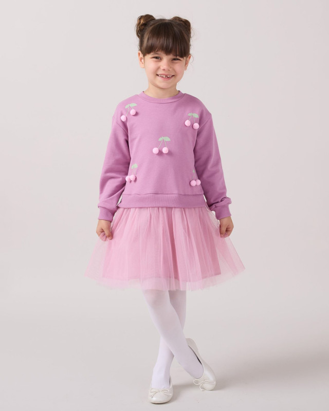 Girls Pom Pom Cherries Full Sleeve Dress (3-7Y)