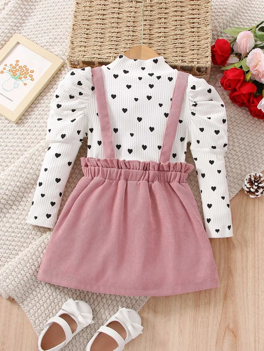 Toddler Girls Heart Print Mock Neck Tee & Ruffle Trim Pinafore Skirt