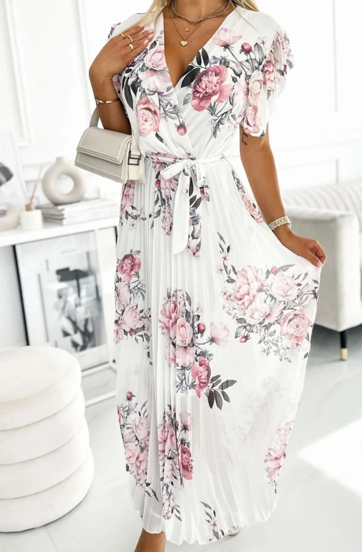 AZURA FLORAL CHIFFON PLEATED MAXI DRESS-IVORY