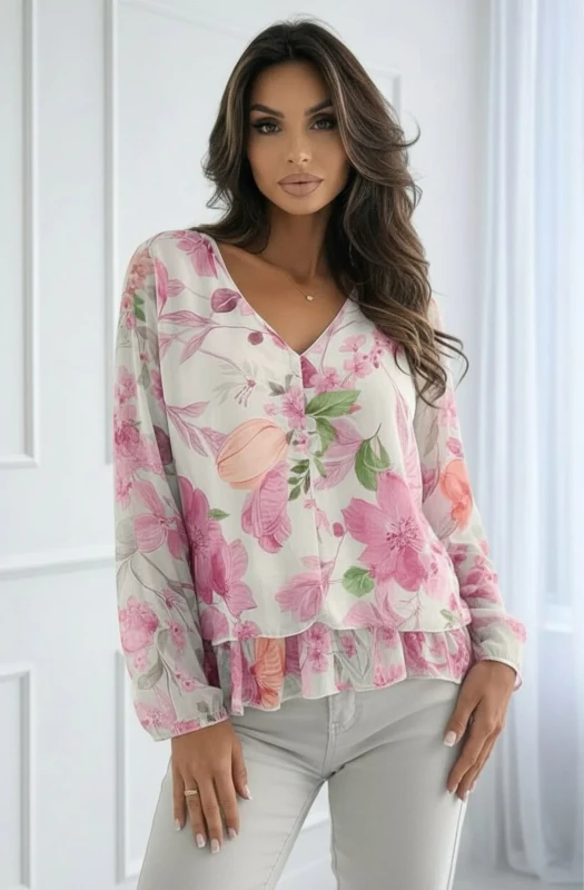 ANISHA FLORAL V-NECK FRILL LAYERED CHIFFON BLOUSE-PINK