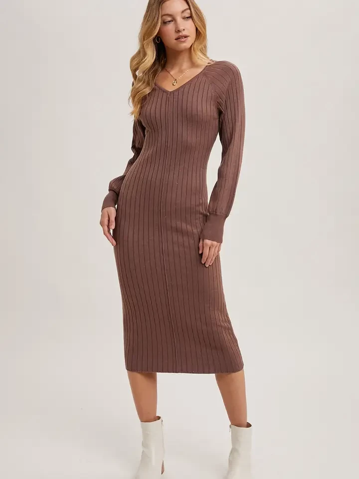 V-Neck Ribbed Knit Sweater Midi Dress