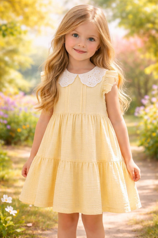 Girls Layered Anglaise Collar Frilly Sleeve Cotton Dress (2-9Y)