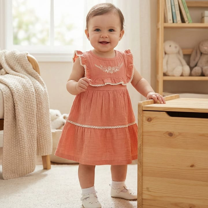 Baby Girls Layered Floral Embroidered Lace Trim Dress (6-24M)