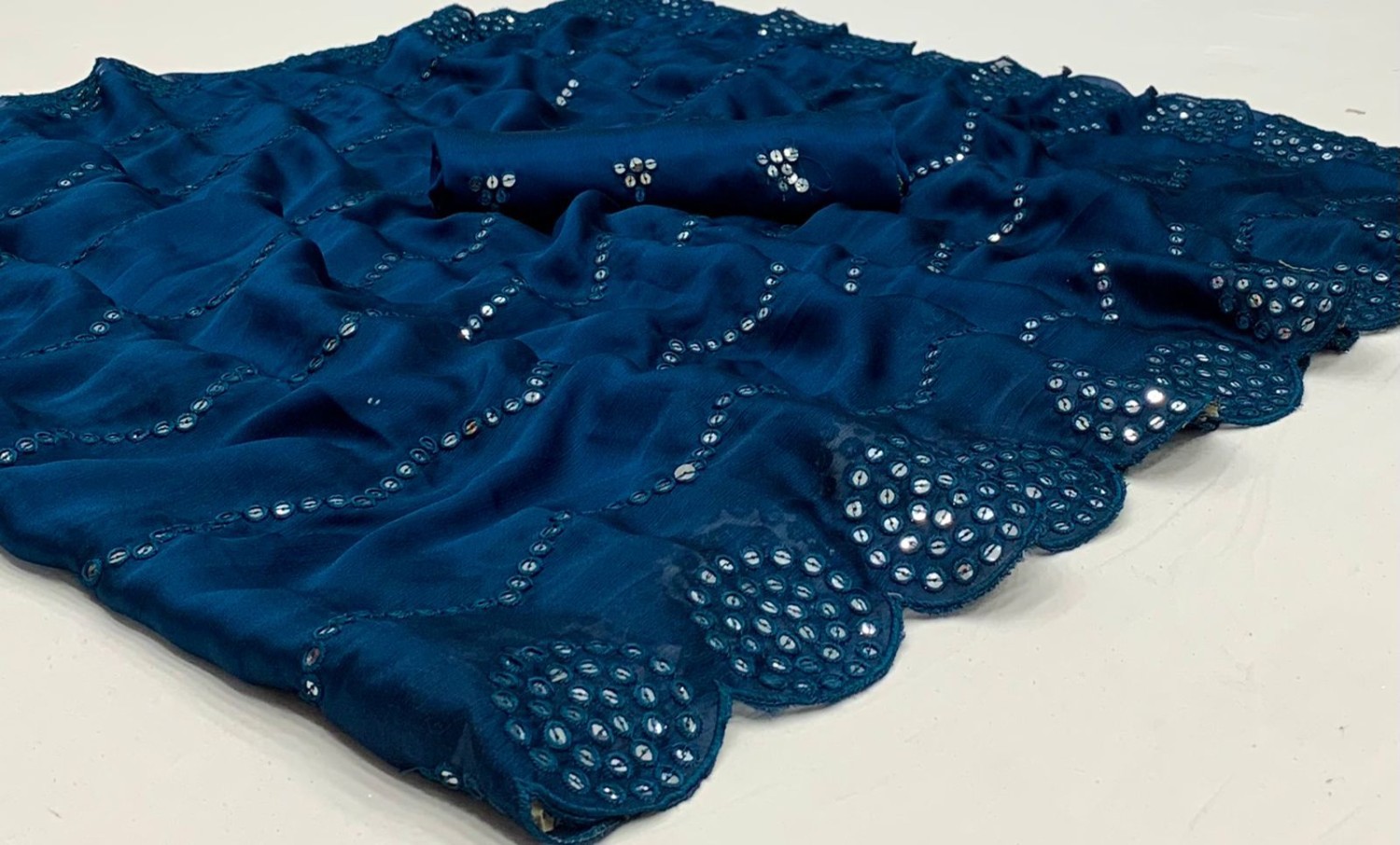 Soft Siffon Fabric And Embroidery Sequence Work In full Saree With Cut Work Border With Running Blouse