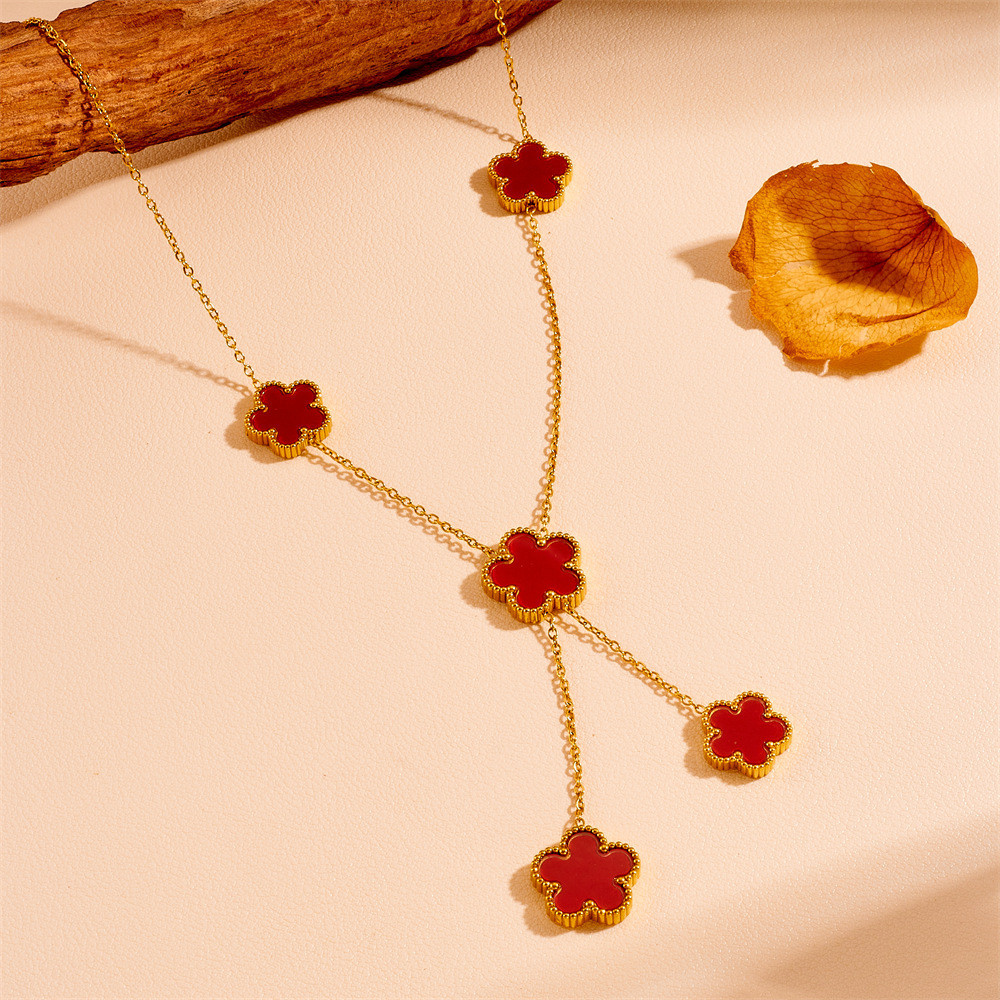 Sweet Minimalist Classic Style Pork Belly 304 Stainless Steel 18K Gold Double Sided Five Petal Flower Tassel Necklace