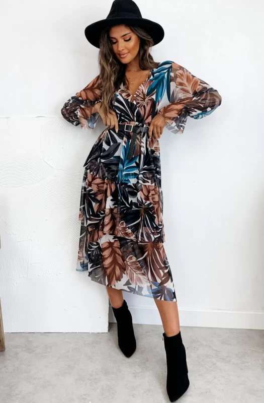 BONITA TIERED FRILL OVERLAY FLORAL MAXI DRESS-BROWN