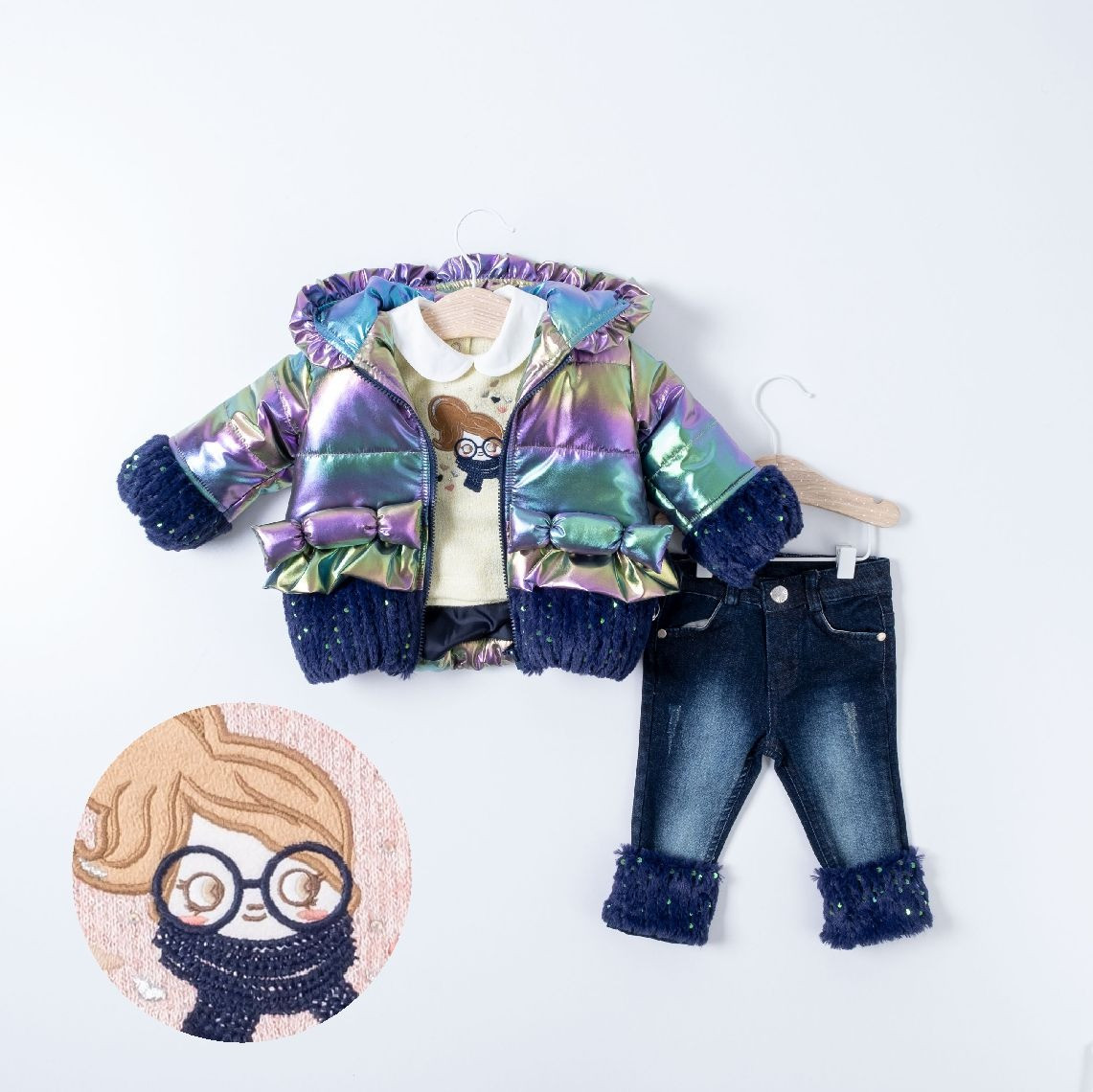 Baby Girls Three Piece Rainbow Bow Fur Trim Jacket & Jeans Set (6-18M)