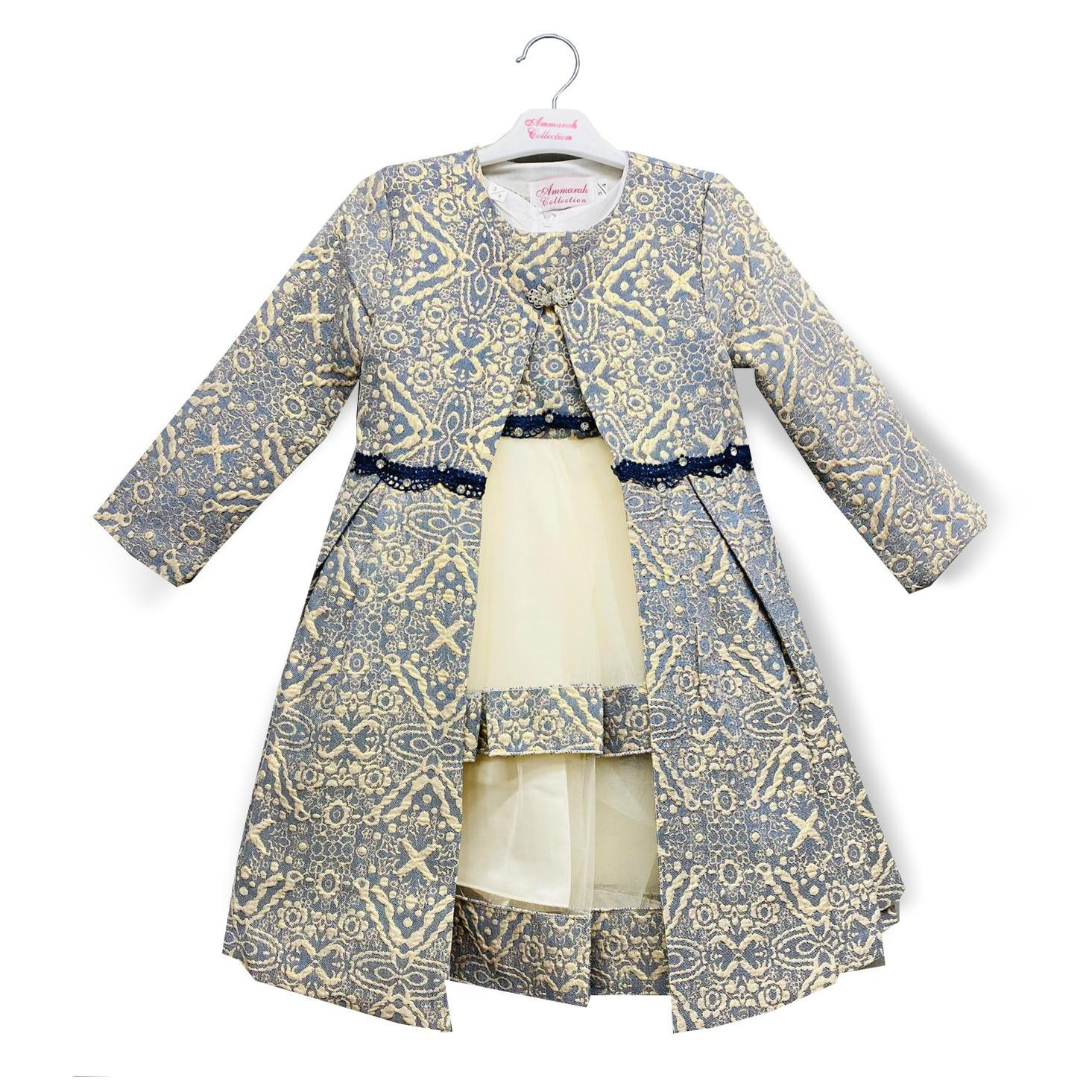 Girls 2pc Pearl Jacquard Long Jacket & Layered Party Dress Set (2-12Y)