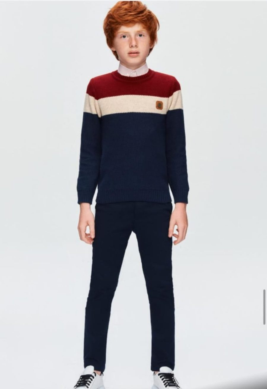 Boys Three Piece Embossed Knitted Jumper, Pinstripe Shirt & Chinos Set (1-11Y)