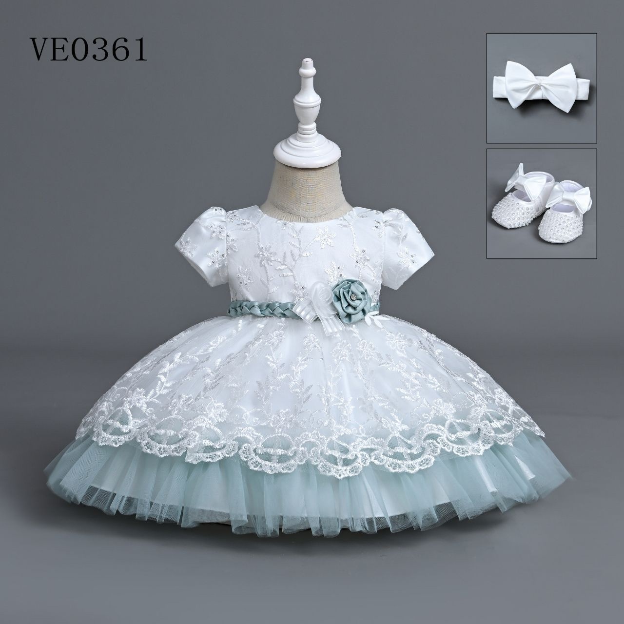 Baby Girls Embroidered Sequin Party Dress with Shoes and Headband (6-24M) - G