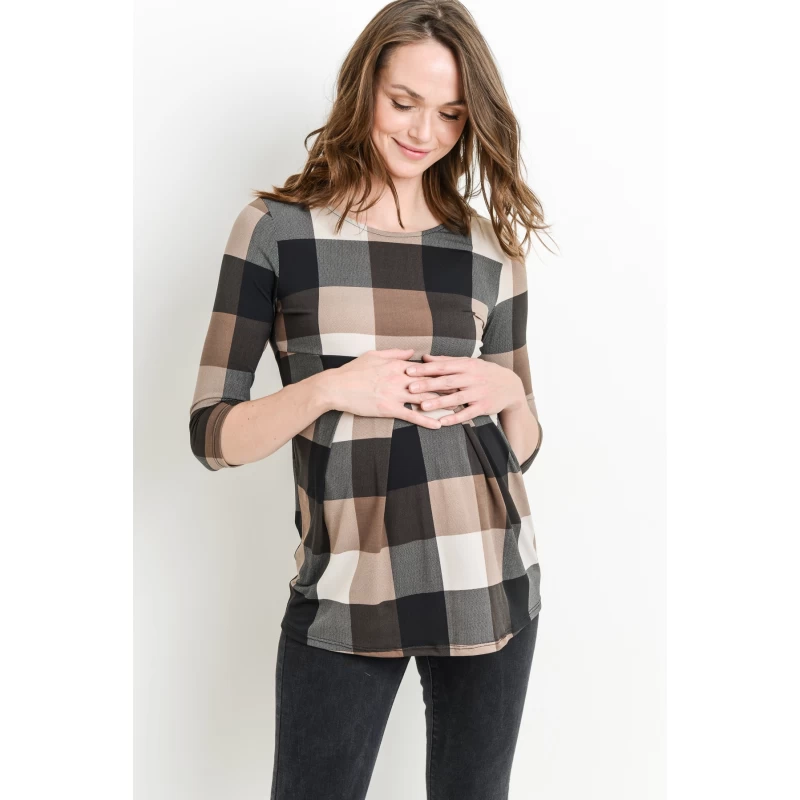 3/4 Sleeve Plaid Round Neck Peplum Maternity Top